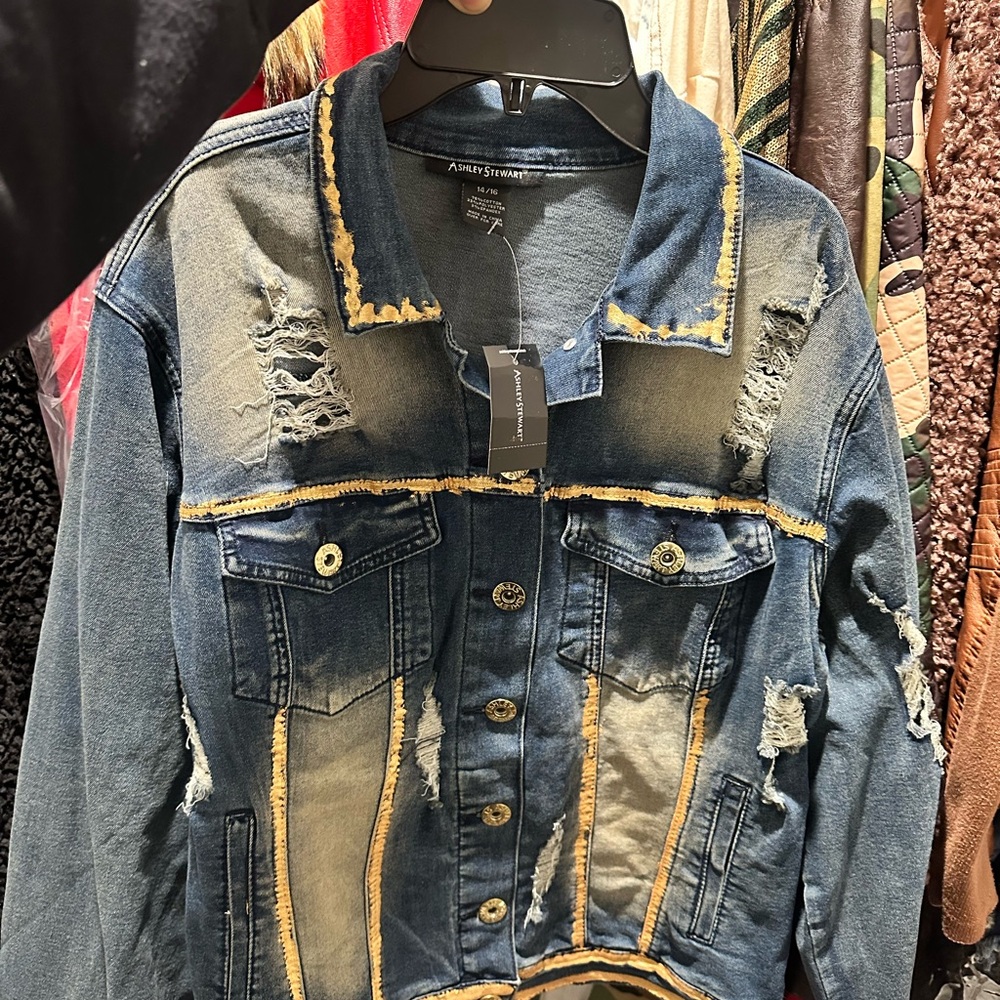 Ashley Stewart Distressed Denim Jacket - Blue and Tan